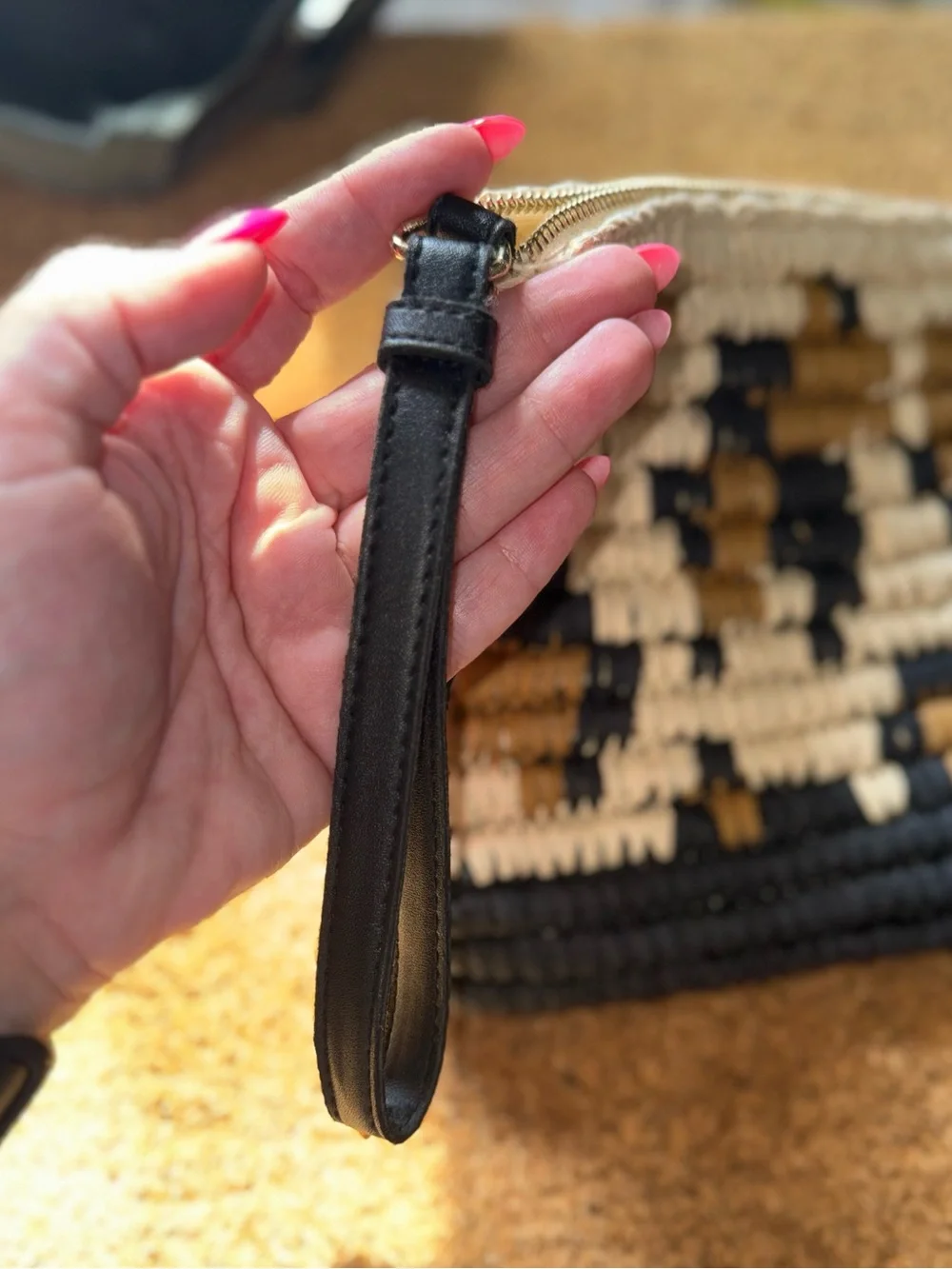 Woven Straw Wristlet Clutch - Black, Cream & Tan